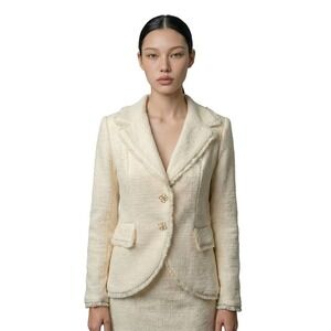 Nicolas Felizola Women's Cream Tweed Blazer Jacket – Crystal Buttons – Small (S)